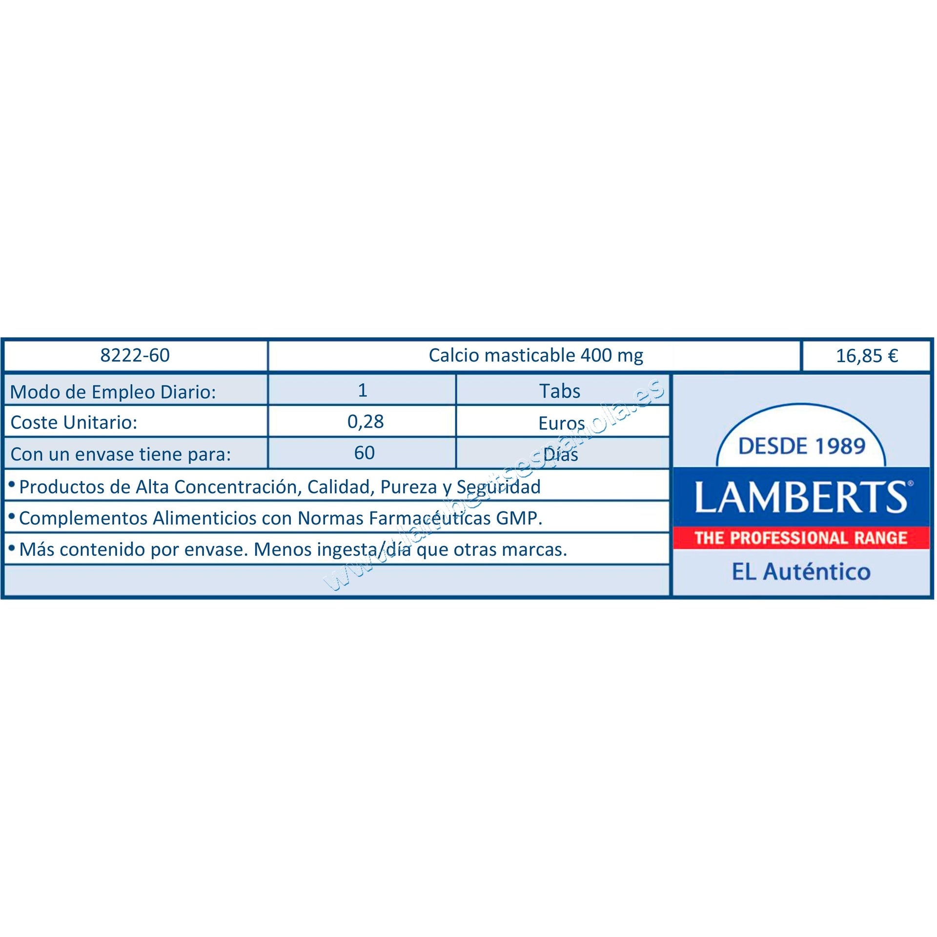 Calcio Masticable 400 mg 60 Comprimidos Lamberts