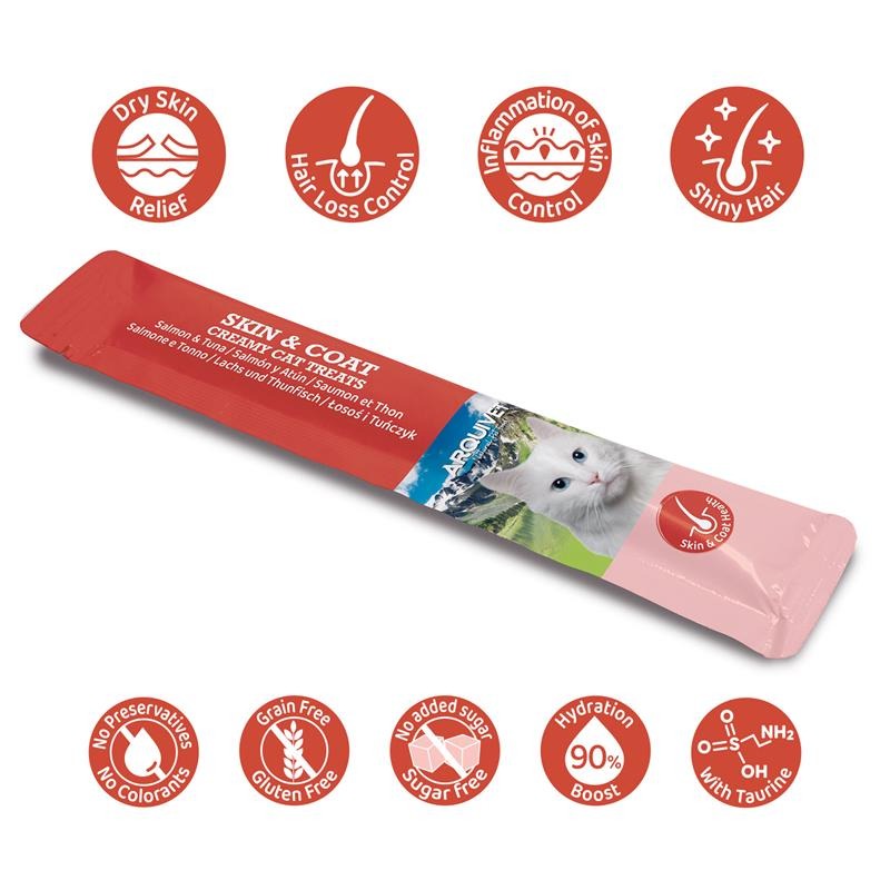 Snacks cremosos para gatos, snack cremoso funcional para pele e pelo, salmão e atum Arquivet 5x14 g