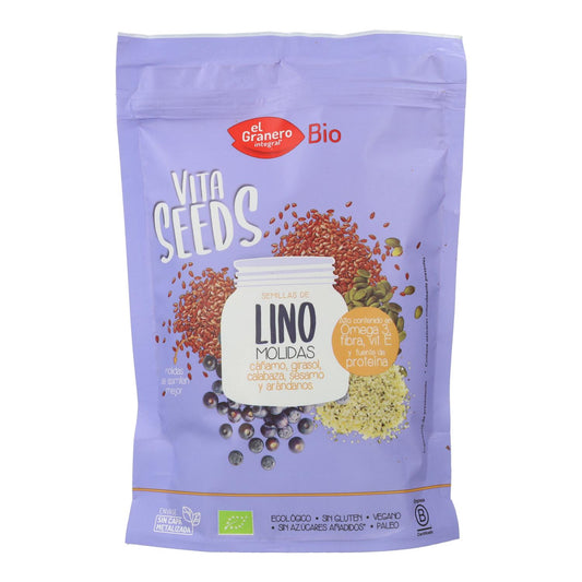 Sementes de Linho, Cânhamo, Girassol, Abóbora, Sésamo e Mirtilo Moídas Vitaseeds Bio El Granero, 300 g 