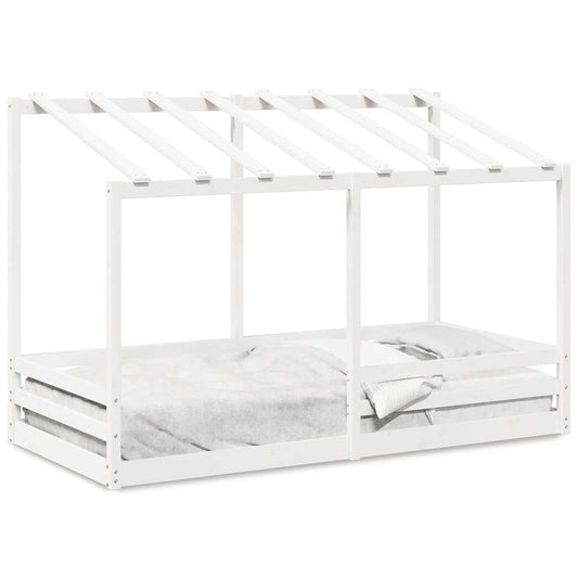 Cama Infantil Con Techo Madera Maciza Pino Blanca 100x200 Cm_0