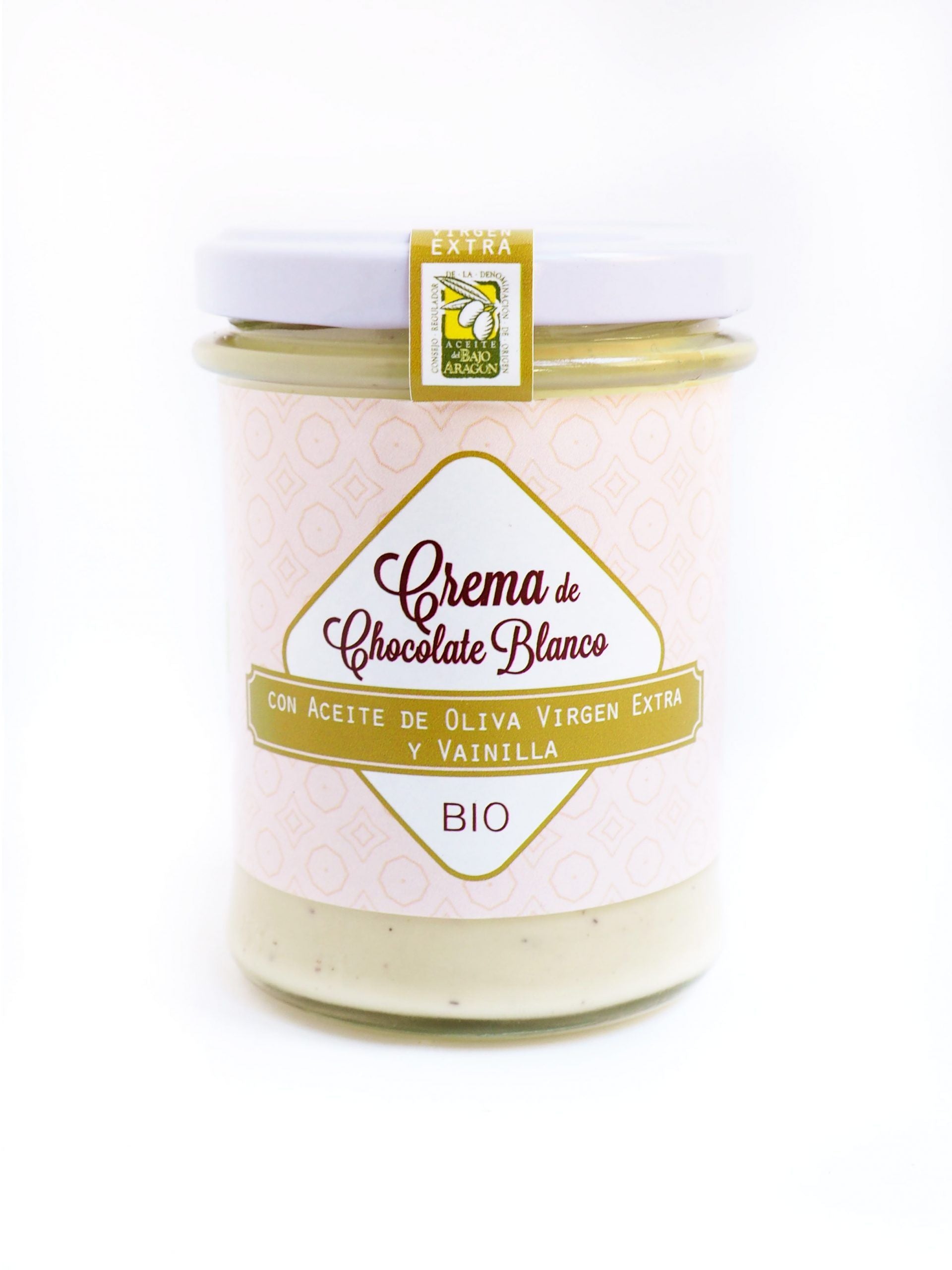 Crema Bio de chocolate blanco para untar. Con A.o.v.e variedad empeltre y vainilla_1
