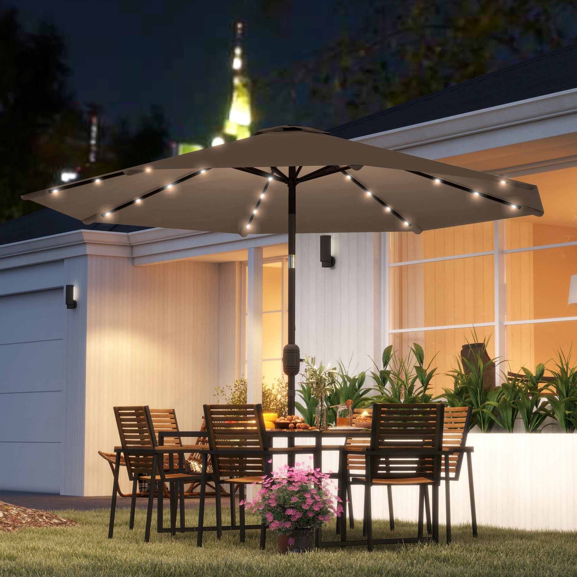Outsunny Sombrilla Jardín Con 32 Luces Led Solares Inclinable Ø265x240 Cm Caqui_1