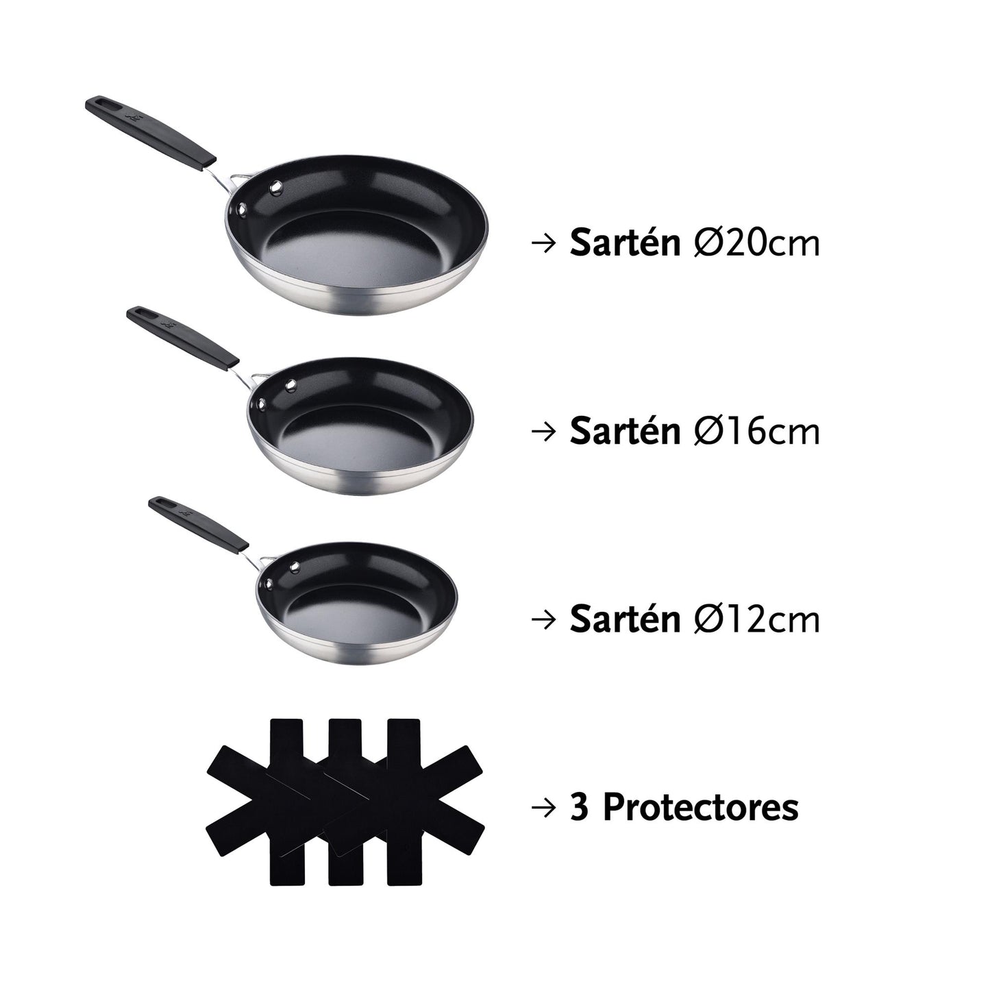 Juego De 3 Sartenes Ø12ø16ø20cm Y 3 Protectores En Aluminio Forjado Antiadherentes Masterpro_1