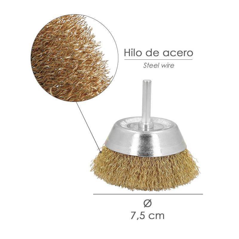 Cepillo Acero Latonado Para Taladro Taza Ø 75 Mm. Espiga 1/4 Cepillo Taladro Alambre Latón, Cepillo Limpieza, Cepillo Pulir.