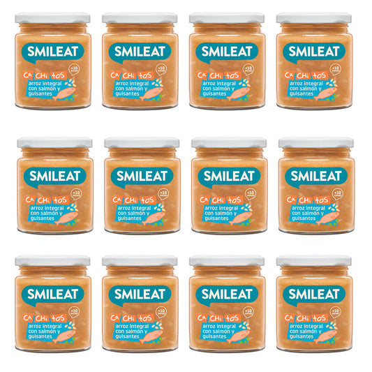 Embalagem de 12 frascos de arroz com salmão e ervilhas da Eco Ca Chi Tos Smileat, 230g