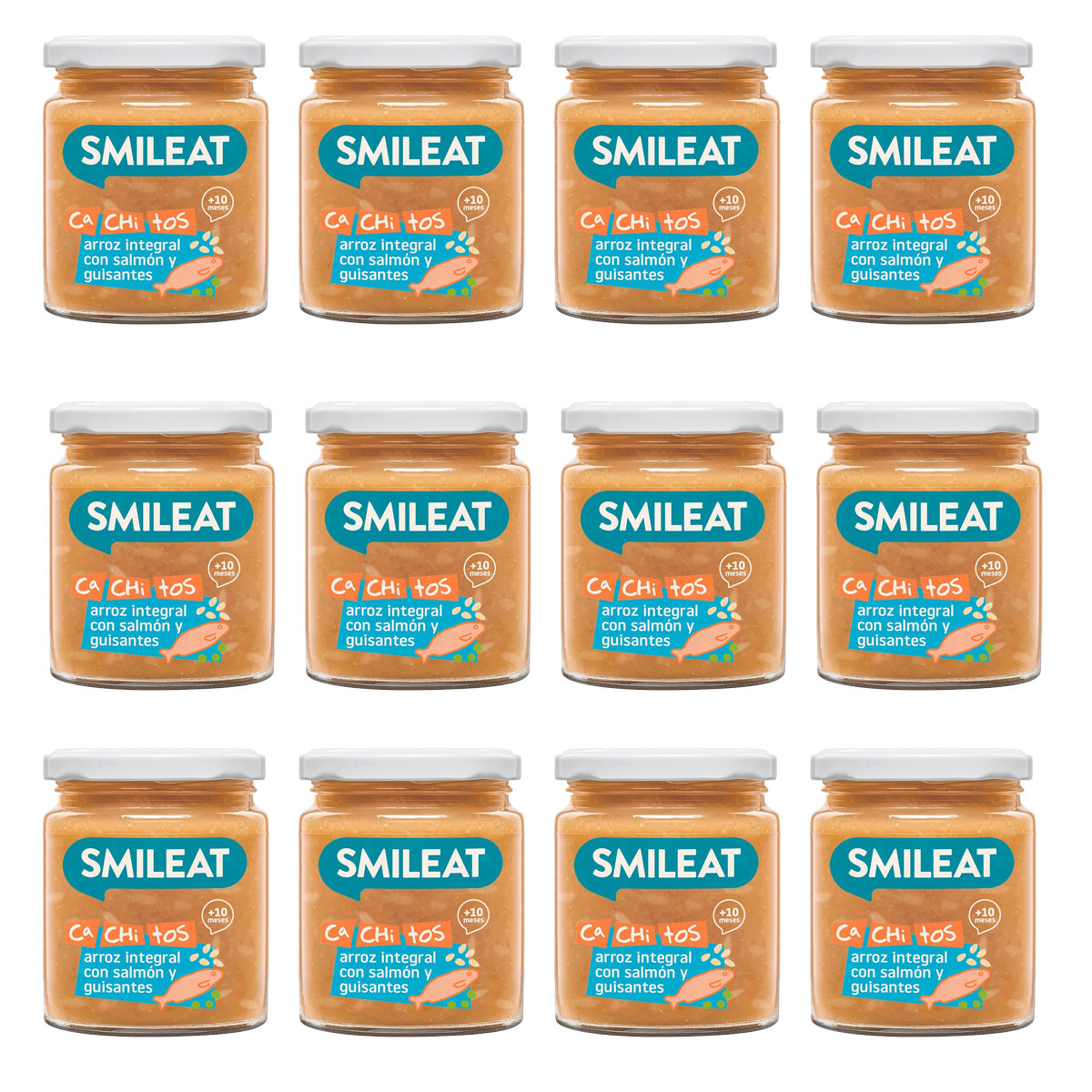Embalagem de 12 frascos de arroz com salmão e ervilhas da Eco Ca Chi Tos Smileat, 230g