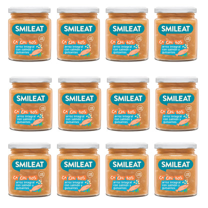 Embalagem de 12 frascos de arroz com salmão e ervilhas da Eco Ca Chi Tos Smileat, 230g