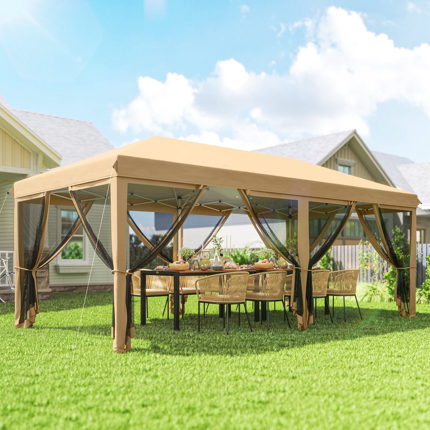 Outsunny Carpa Plegable 6x3 M Cenador De Jardín Con 6 Mosquiteras Beige_1