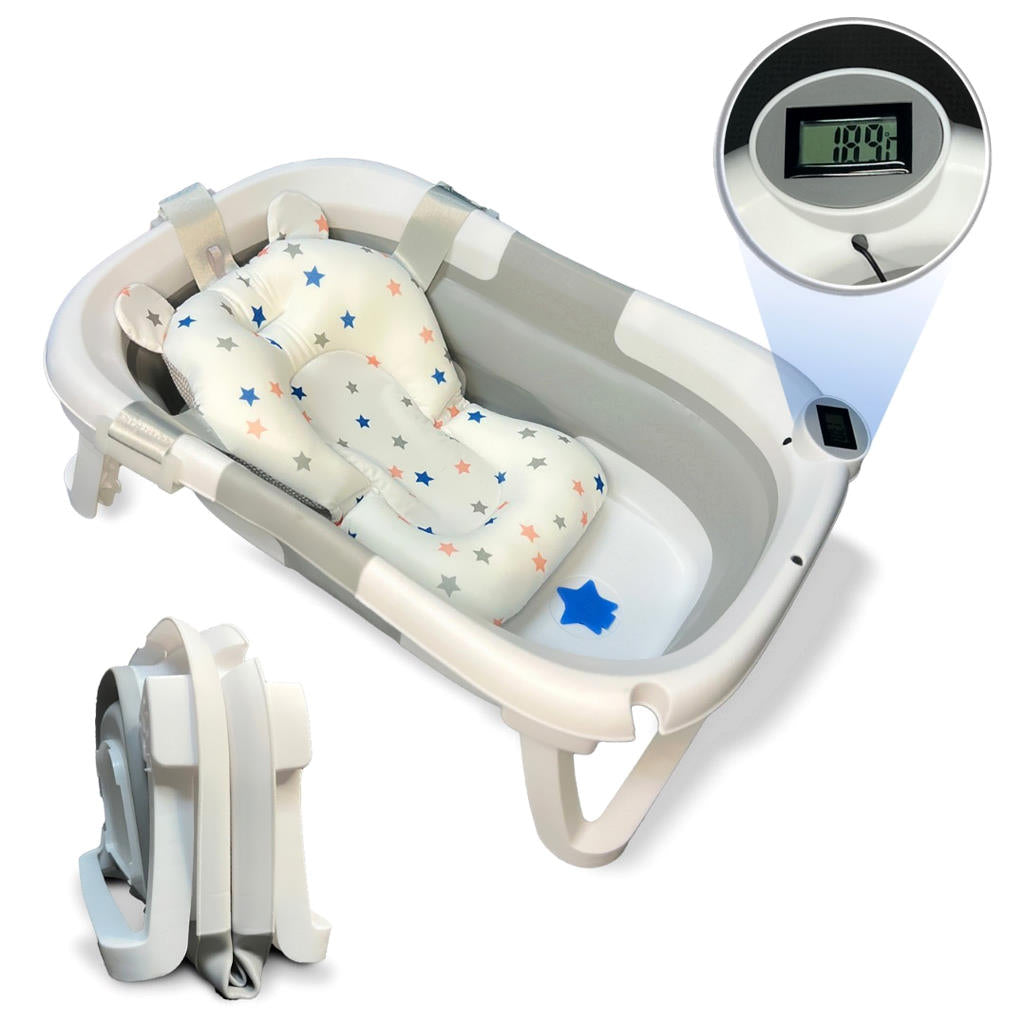 Bathby Bañera Bebé Plegable Con Termómetro, Cojín Antideslizante, Patas Antideslizantes (gris Oasis)_0