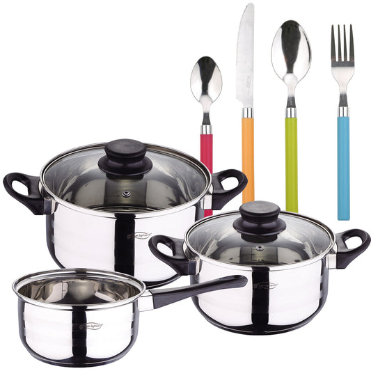Pack Batería De Cocina 5 Piezas + Set De Cubertería 24pc En Acero Inoxidable Mangos Multicolor