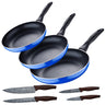 Definir 3pc Sarten (16+20+24cm) Pressionando Alumínio, Indução, Azul Do Paraíso Da Marinha Com Facas De Aço Inoxidável De 4pc
