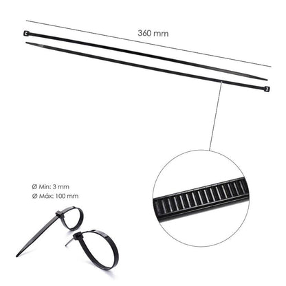 Brida Nylon 100%. Color Negro 4,5 X 360 Mm. Bolsa 100 Unidades. Abrazadera Plastico, Organizador Cables, Alta Resistencia