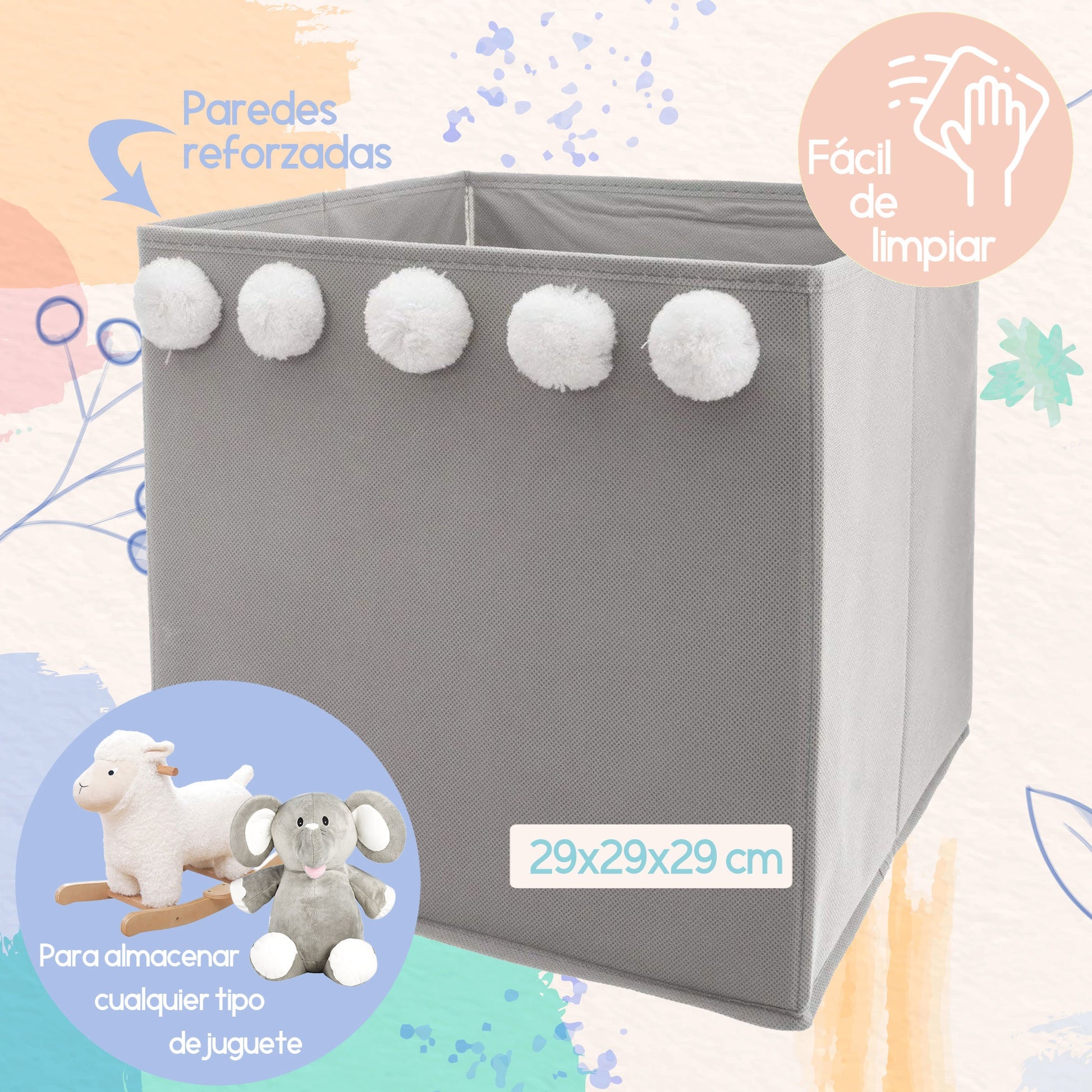 Set De 3 Cajas De Almacenamiento Infantil Con Pompones Color Gri29 X 29 X 29 Cm_1