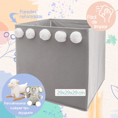 Set De 3 Cajas De Almacenamiento Infantil Con Pompones Color Gri29 X 29 X 29 Cm_1