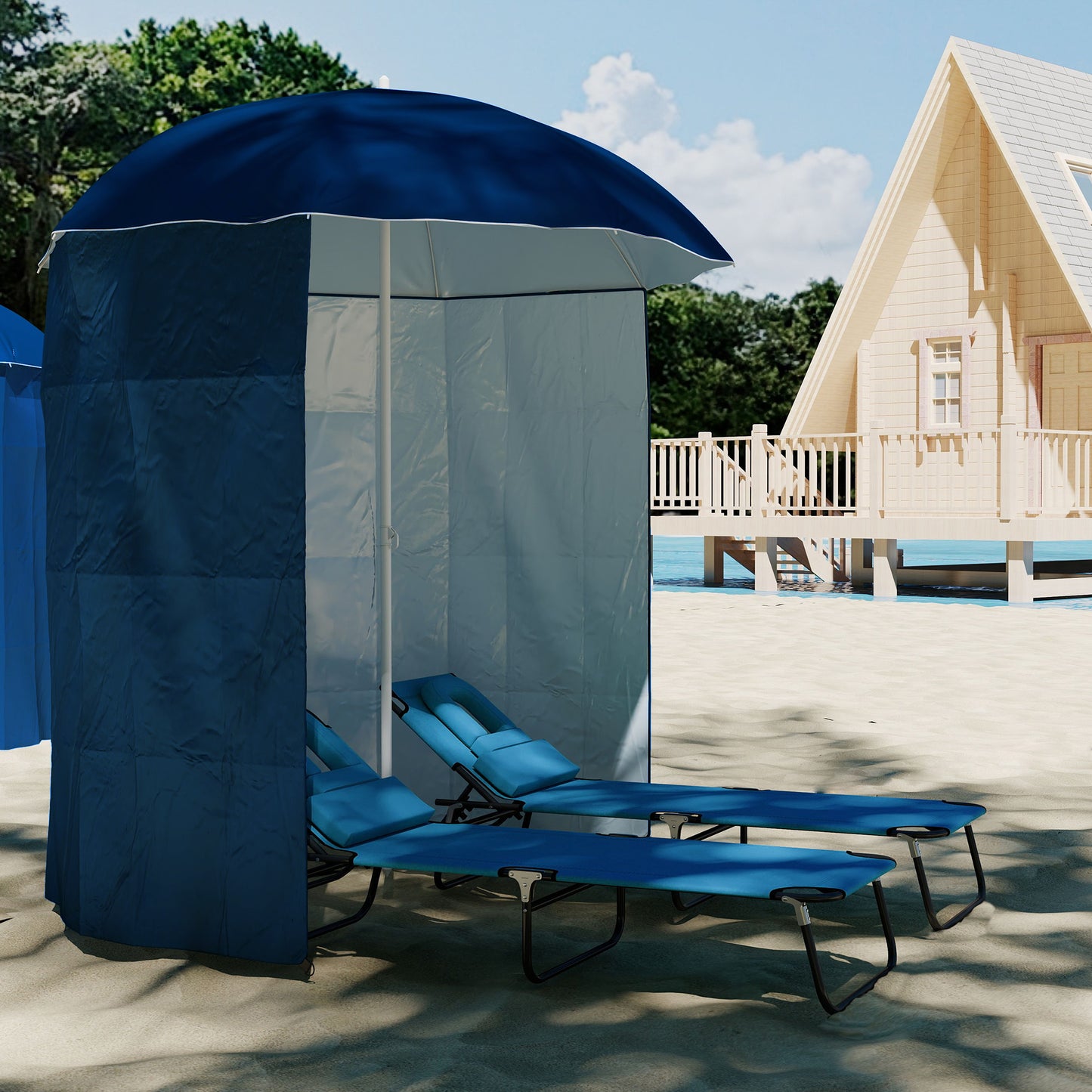 Outsunny Sombrilla De Playa Con Panel Lateral Apertura Manual Ø220x220 Cm Azul_3