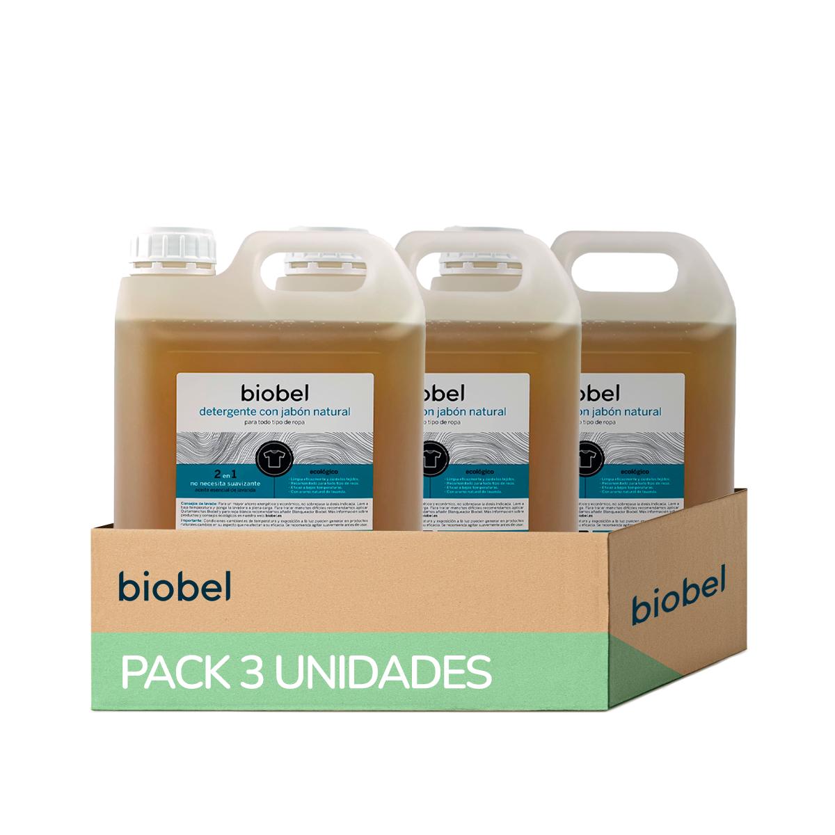 Embalagem com 3 unidades de detergente líquido BioBel 5 litros