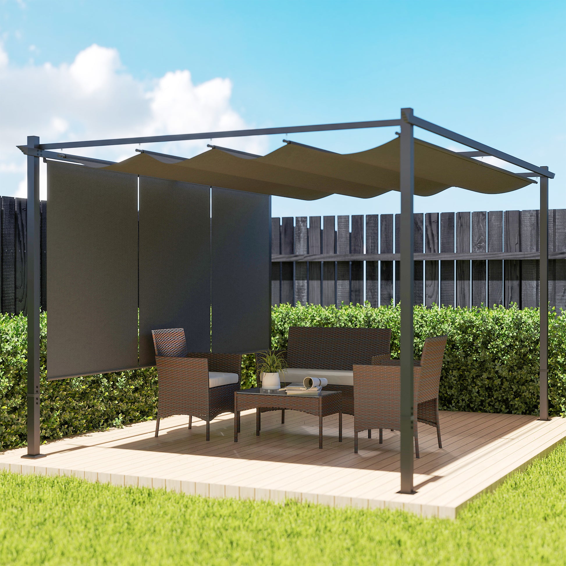 Outsunny Pérgola 4x3 M Con Techo Retráctil Y Laterales Enrollables Gris_1