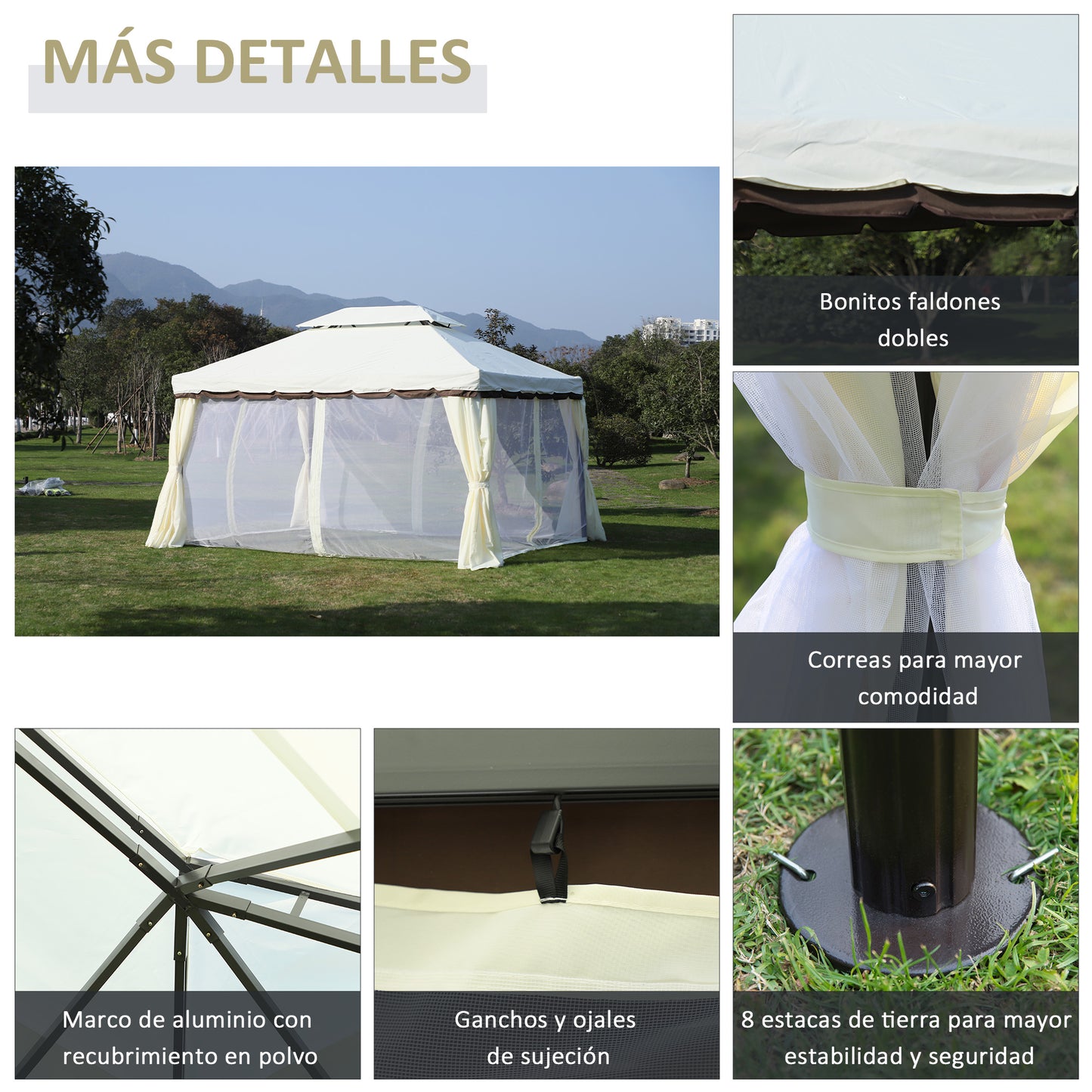 Outsunny Cenador De Jardín 4x3 M Con Doble Techo 4 Cortinas 4 Mosquiteras Blanco_5