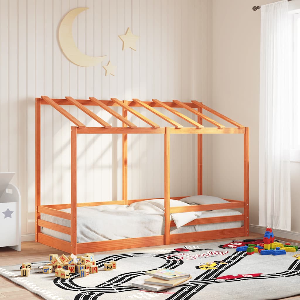 Cama Infantil Con Techo Madera Maciza Pino Marrón 90x190 Cm_1