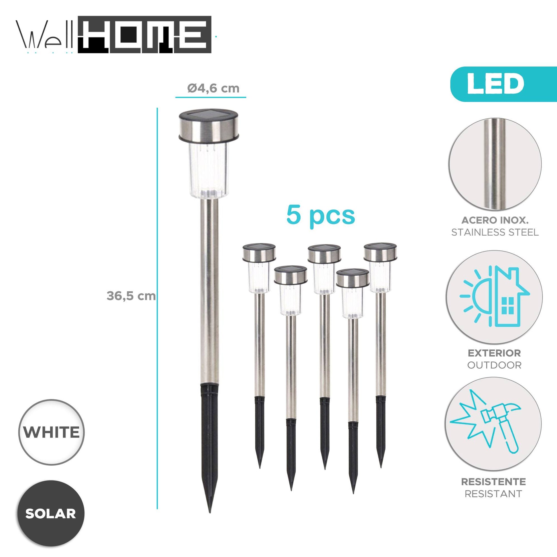Well Home Juego De 5 Luces Solares Ø4,6cm En Acero Inoxidable_1