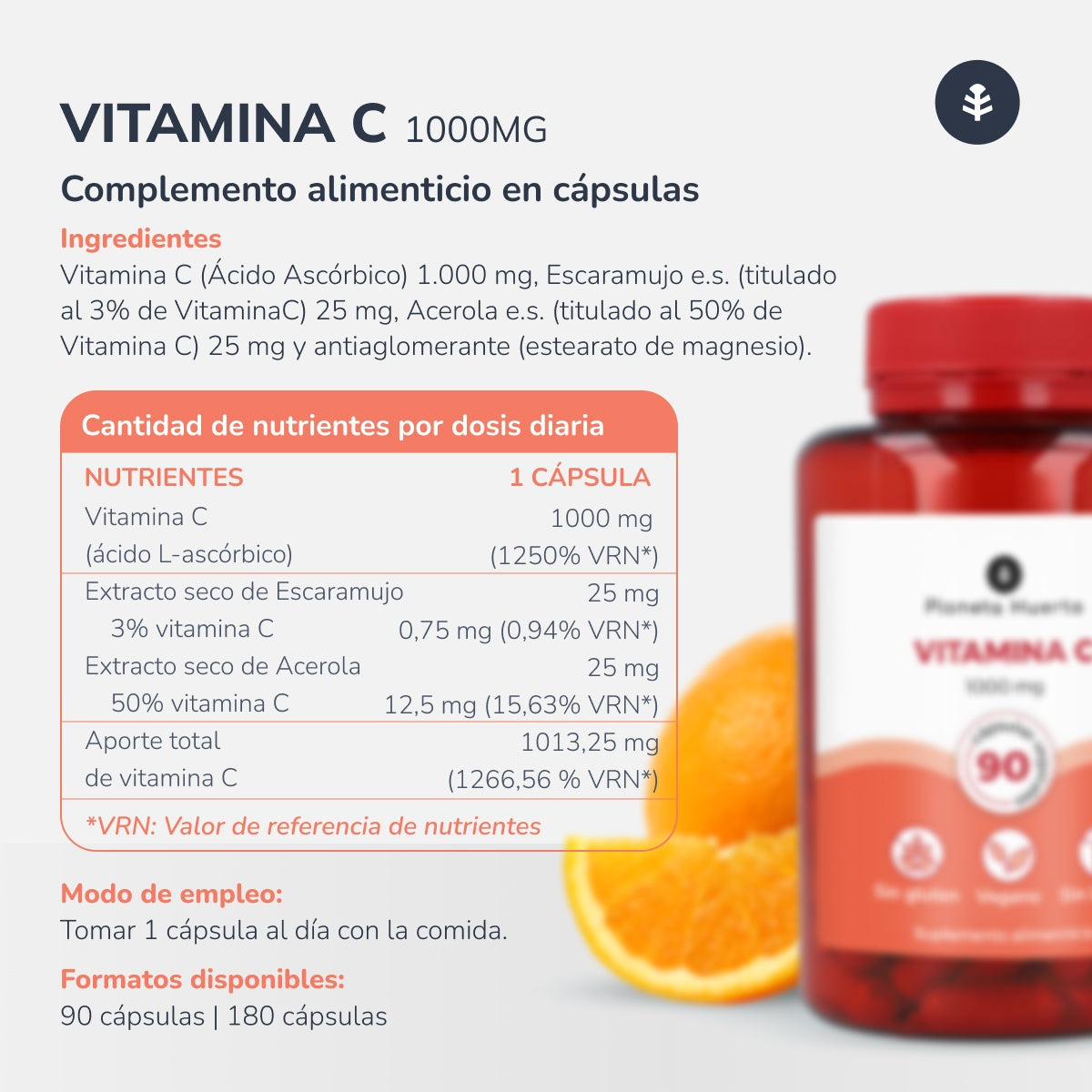 Embalagem 3xVitamina C 1000 mg Planeta Huerto 180 cápsulas vegetais