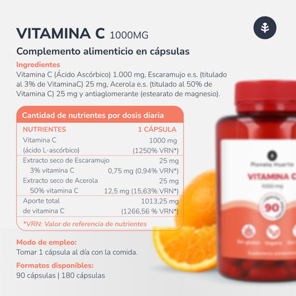 Embalagem 3xVitamina C 1000 mg Planeta Huerto 180 cápsulas vegetais