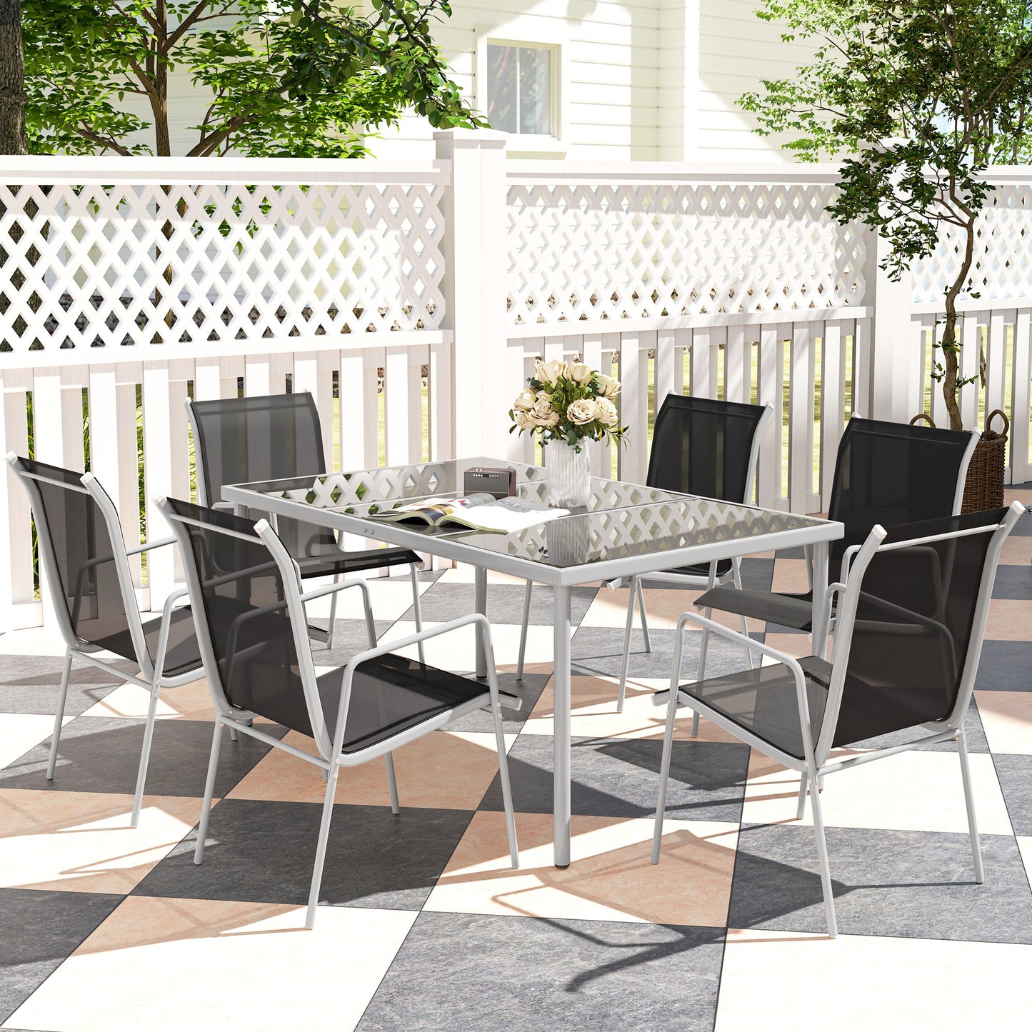 Outsunny Conjunto De Comedor De Exterior Con 1 Mesa 6 Sillas Apilables Negro_4