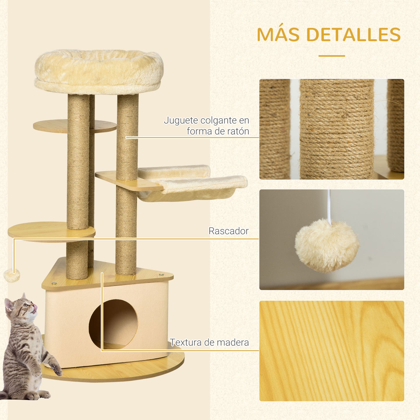 Pawhut Rascador Gatos Ø60x99 Cm Con Cueva Triangular De Fieltro Extraíble Hamaca_5