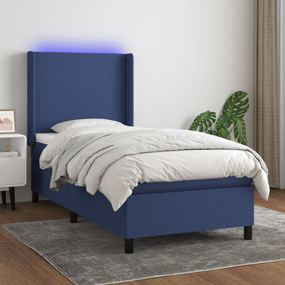Cama Box Spring Colchón Y Luces Led Tela Azul 100x200 Cm / Vetonek_3