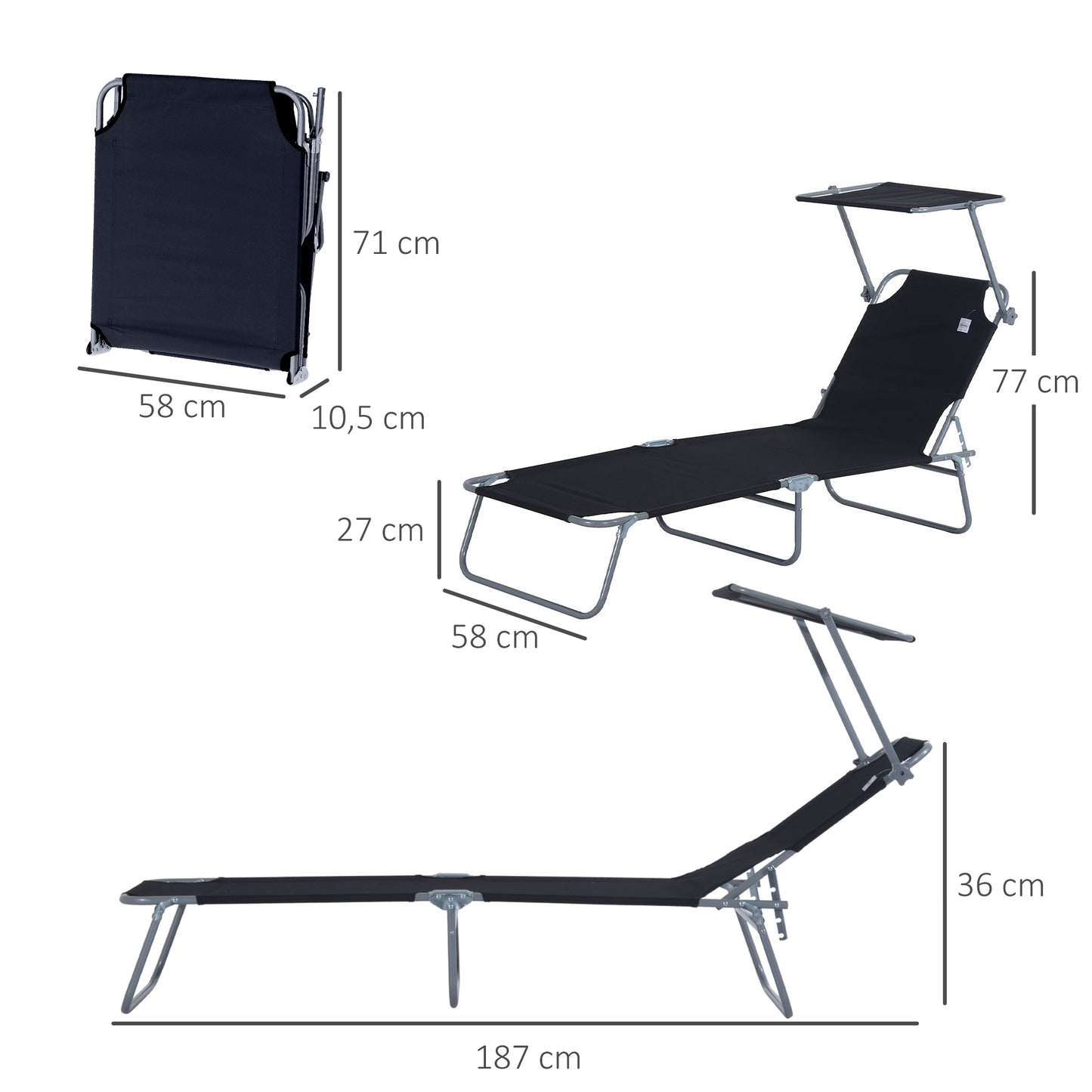 Outsunny Tumbona De Jardín Plegable Con Toldo Desmontable 187x58x36 Cm Negro_2