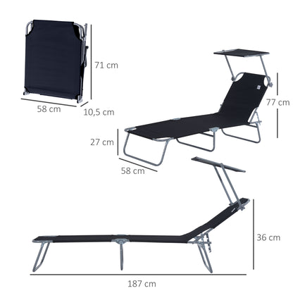 Outsunny Tumbona De Jardín Plegable Con Toldo Desmontable 187x58x36 Cm Negro_2