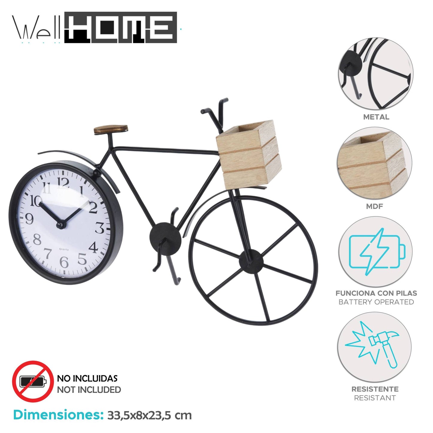 Well Home Reloj De Sobremesa Diseño Bicileta En Metal Negro 33,5x8x23,5cm_1