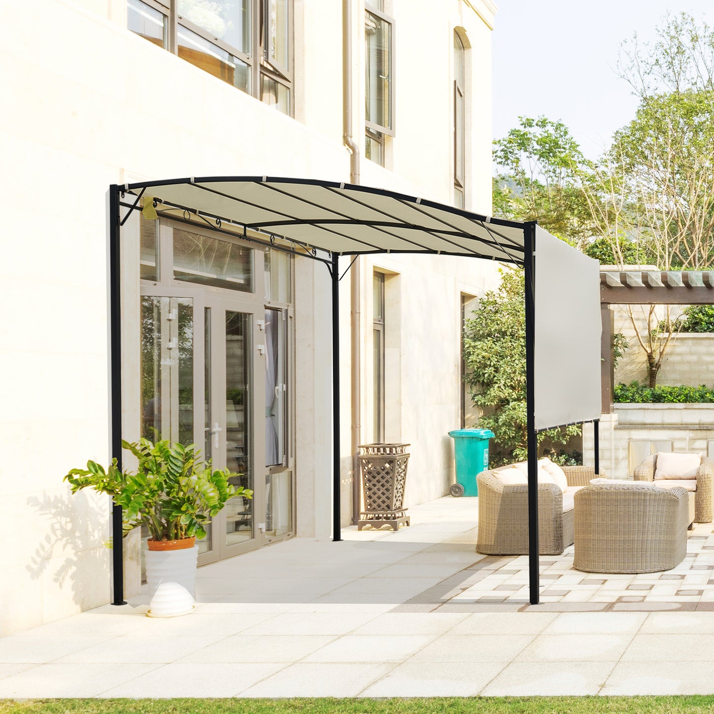 Outsunny Pérgola De Jardín 3,66x2,5m Cenador Montado Pared Con Techo Retráctil_1