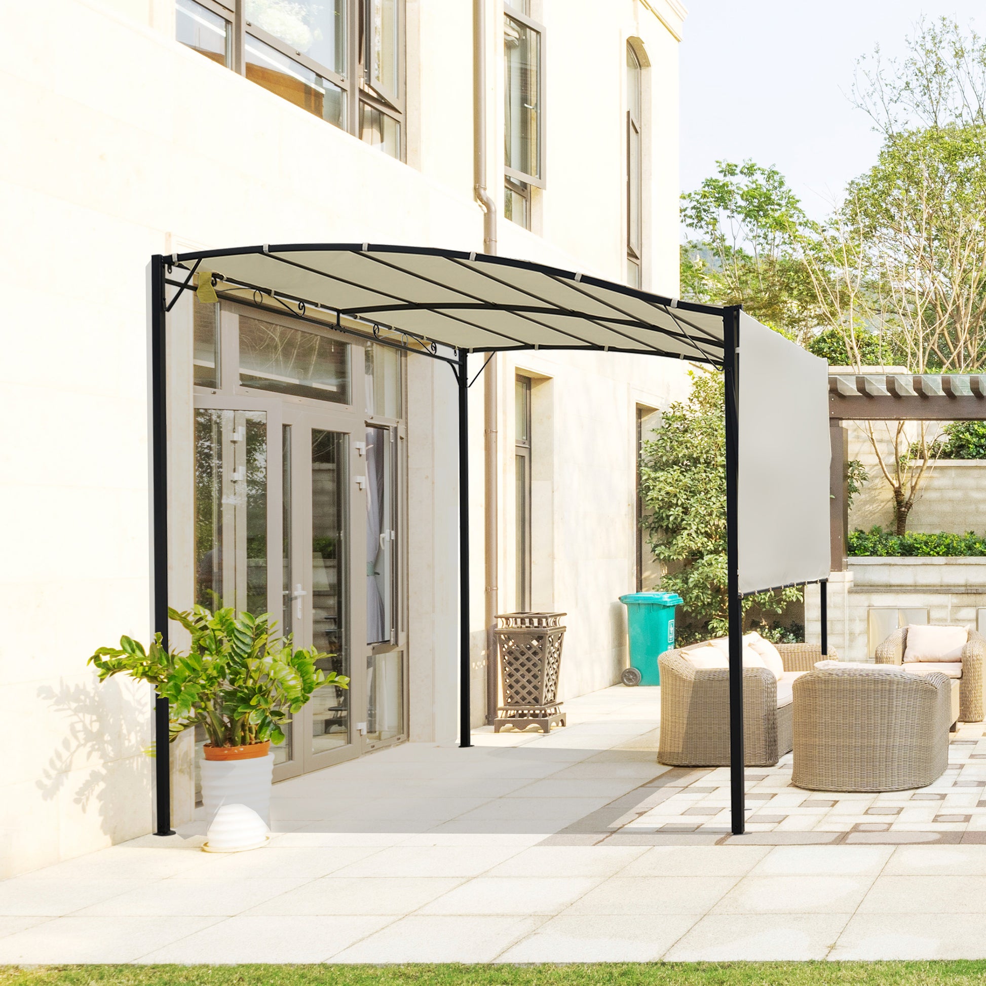 Outsunny Pérgola De Jardín 3,66x2,5m Cenador Montado Pared Con Techo Retráctil_1