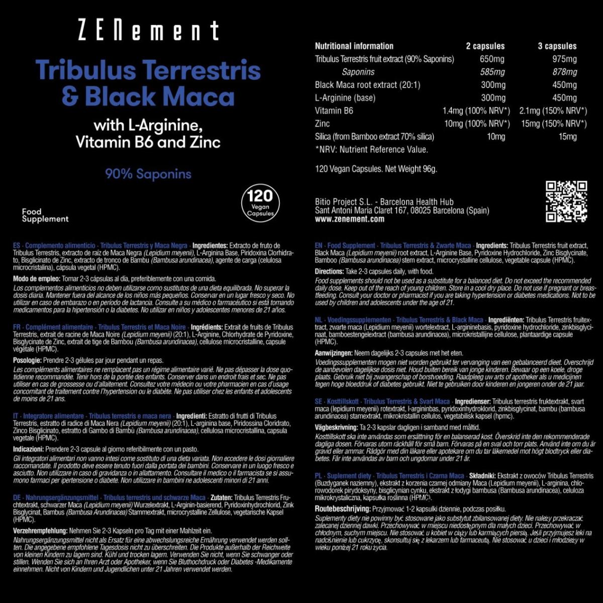 Tribulus Terrestris e Maca Preta, com L-Arginina, Vitamina B6 e Zinco, Zenement 120 comprimidos