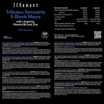 Tribulus Terrestris e Maca Preta, com L-Arginina, Vitamina B6 e Zinco, Zenement 120 comprimidos