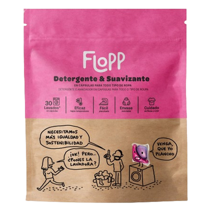Embalagem de 2 detergentes ECO Flopp com amaciador, 30 cápsulas