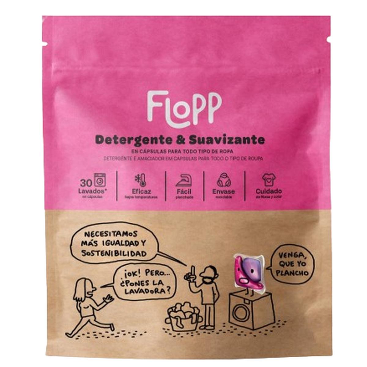 Embalagem de 2 detergentes ECO Flopp com amaciador, 30 cápsulas
