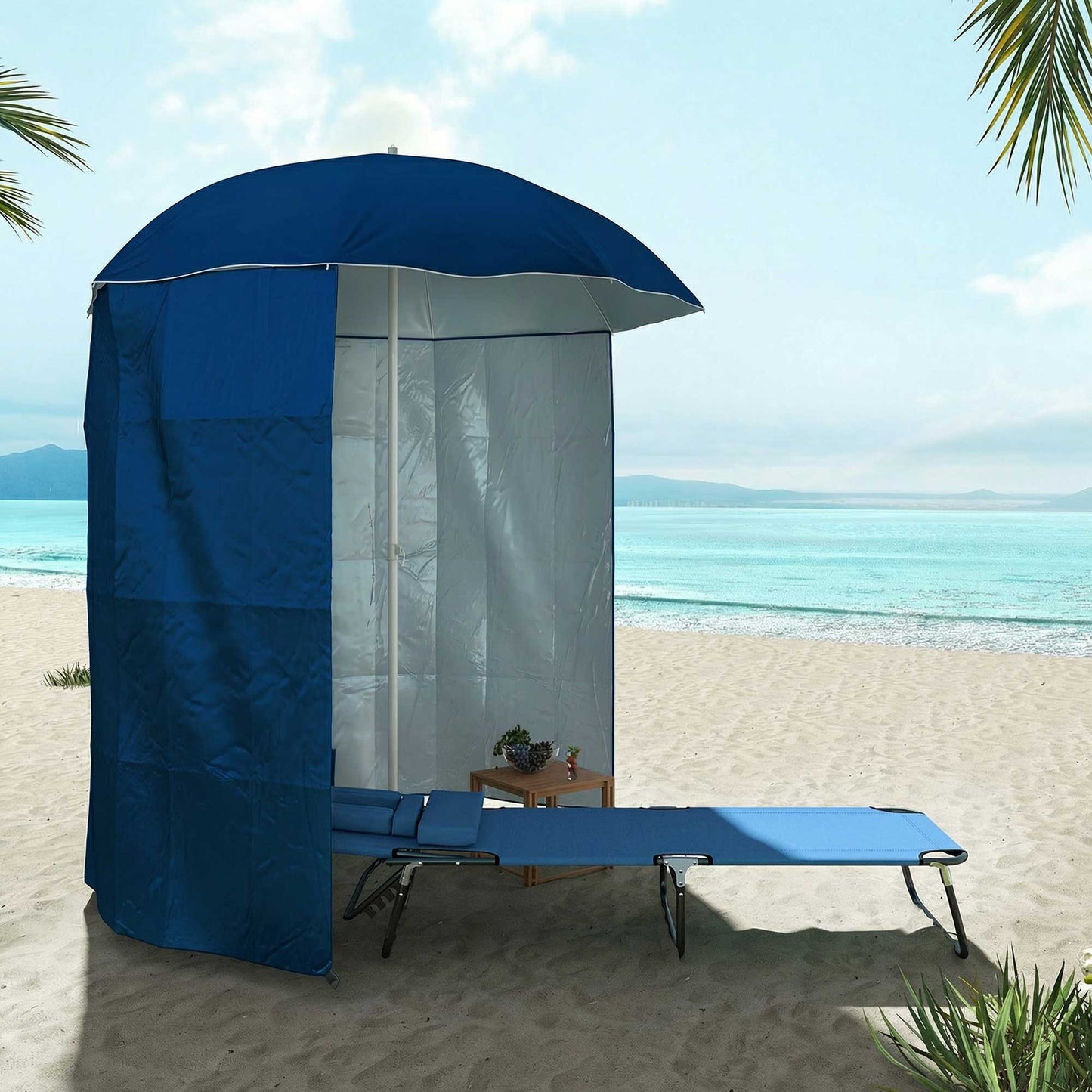 Outsunny Sombrilla De Playa Con Panel Lateral Apertura Manual Ø220x220 Cm Azul_1