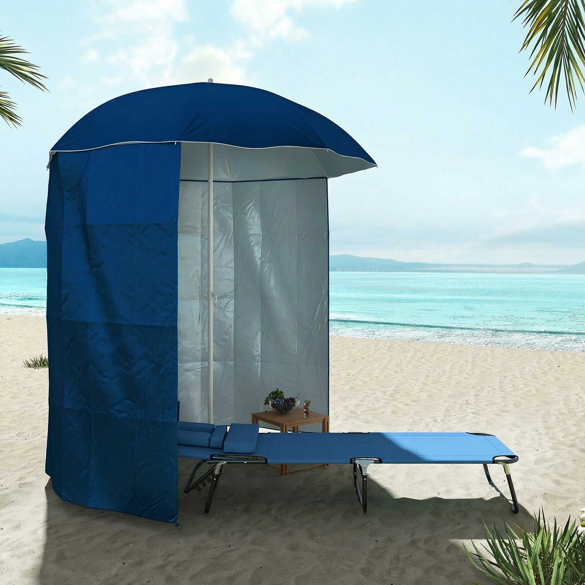 Outsunny Sombrilla De Playa Con Panel Lateral Apertura Manual Ø220x220 Cm Azul_1