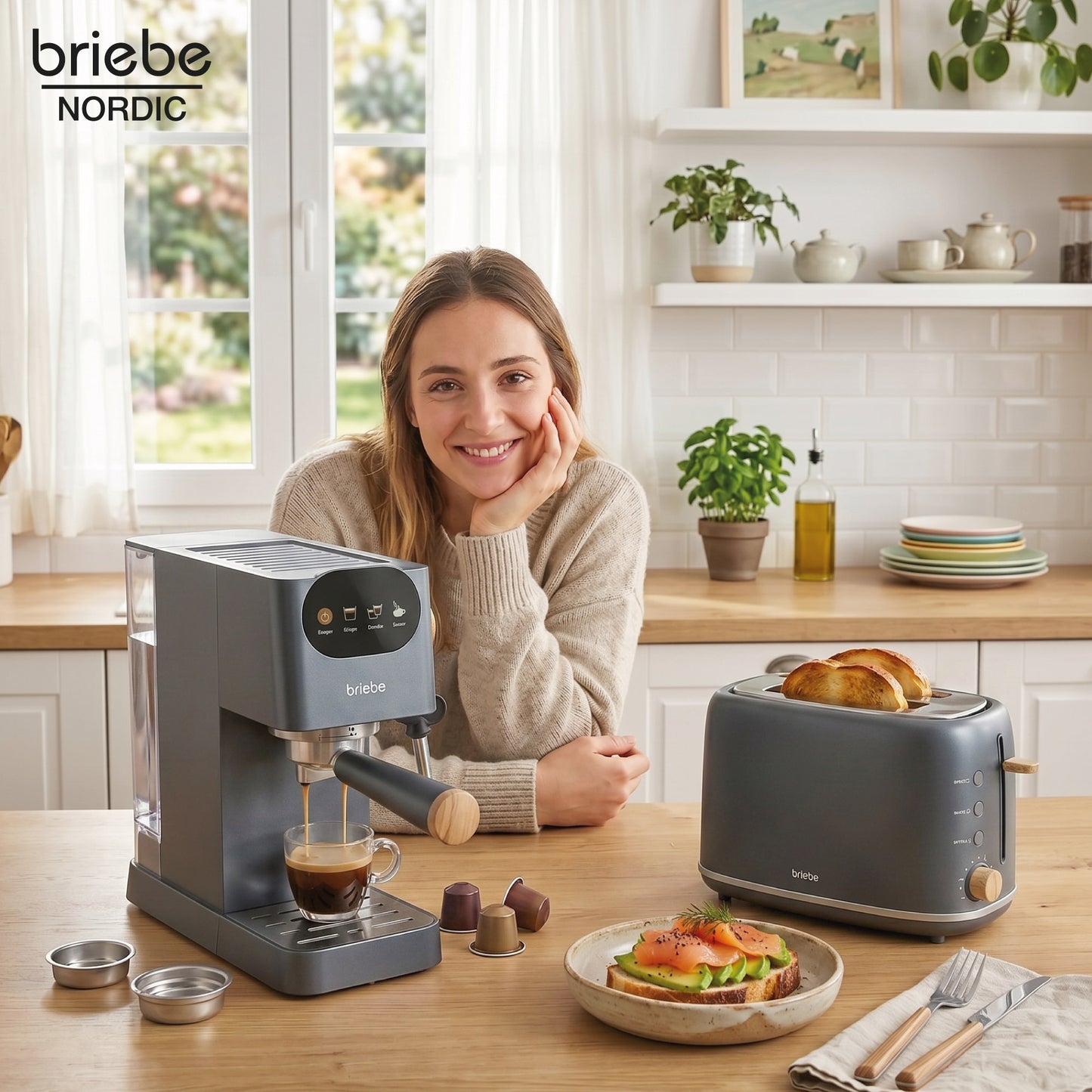 Briebe Nordic Set Cafetera 20 Bares Cápsulas, Café Molido Espumador Leche Tostadora 2 Rebanadas Anchas, Skt1221gry, Gris_1