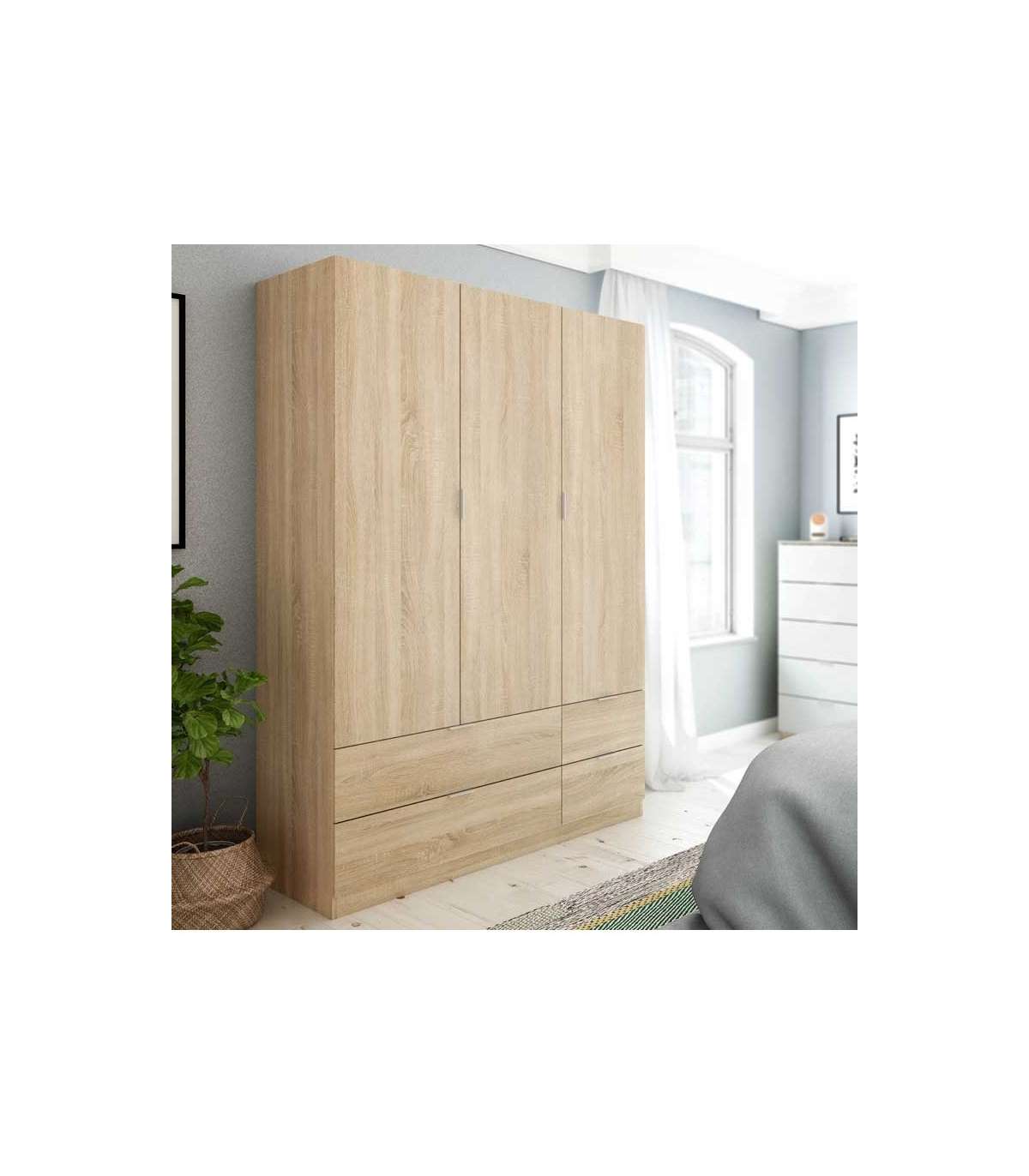 Armario 3 Puertas Abatibles 4 Cajones Acabado Roble. 200cm(alto). 135cm(ancho). 52cm(fondo_0