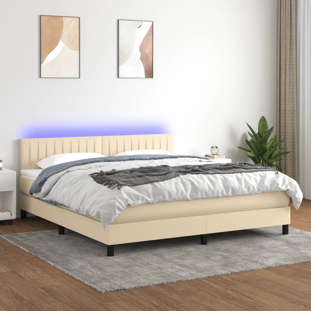 Cama Box Spring Colchón Y Luces Led Tela Crema 180x200 Cm / Vetonek_0