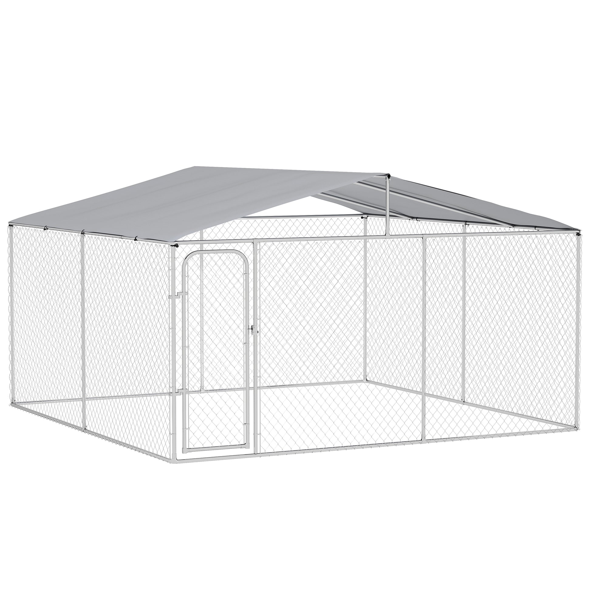 Pawhut Perrera Con Toldo Anti-uv Impermeable Con Puerta 4x4x2,3 M Plata_0