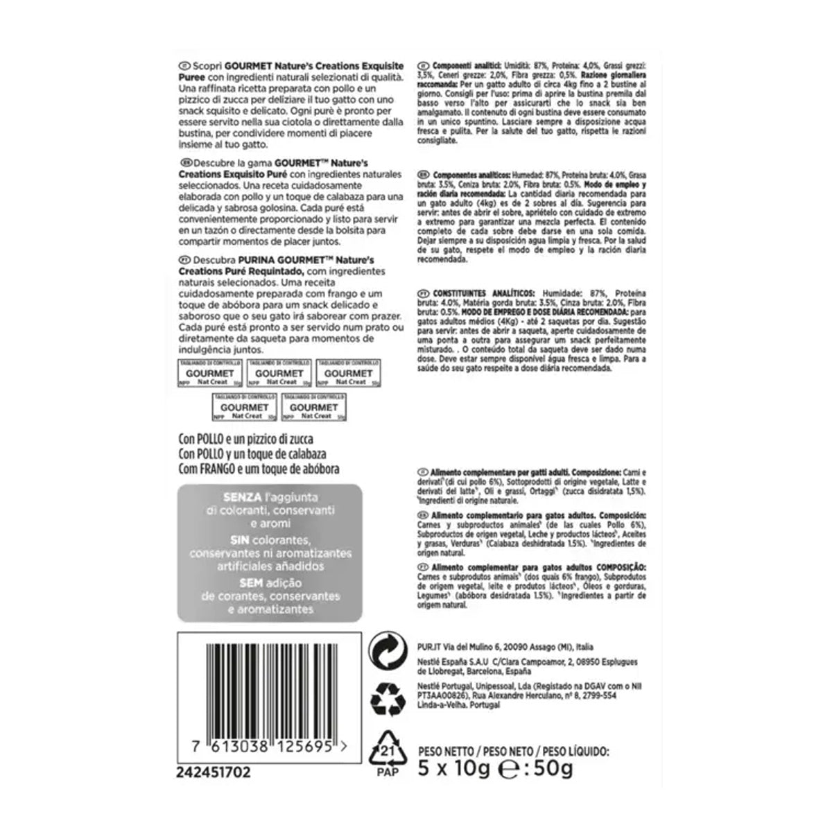 Embalagem de 11 x GOURMET Nature's Creations Exquisite Puree Snack Líquido com Frango e Abóbora 5x10g