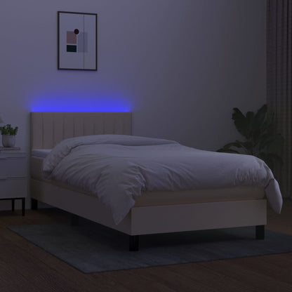 Cama Box Spring Colchón Y Luces Led Tela Color Crema 90x190 Cm / Vetonek_1