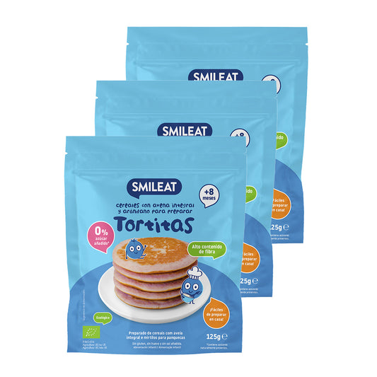Embalagem de 3 misturas orgânicas para panquecas de aveia integral e mirtilos, Smileat, 125 g