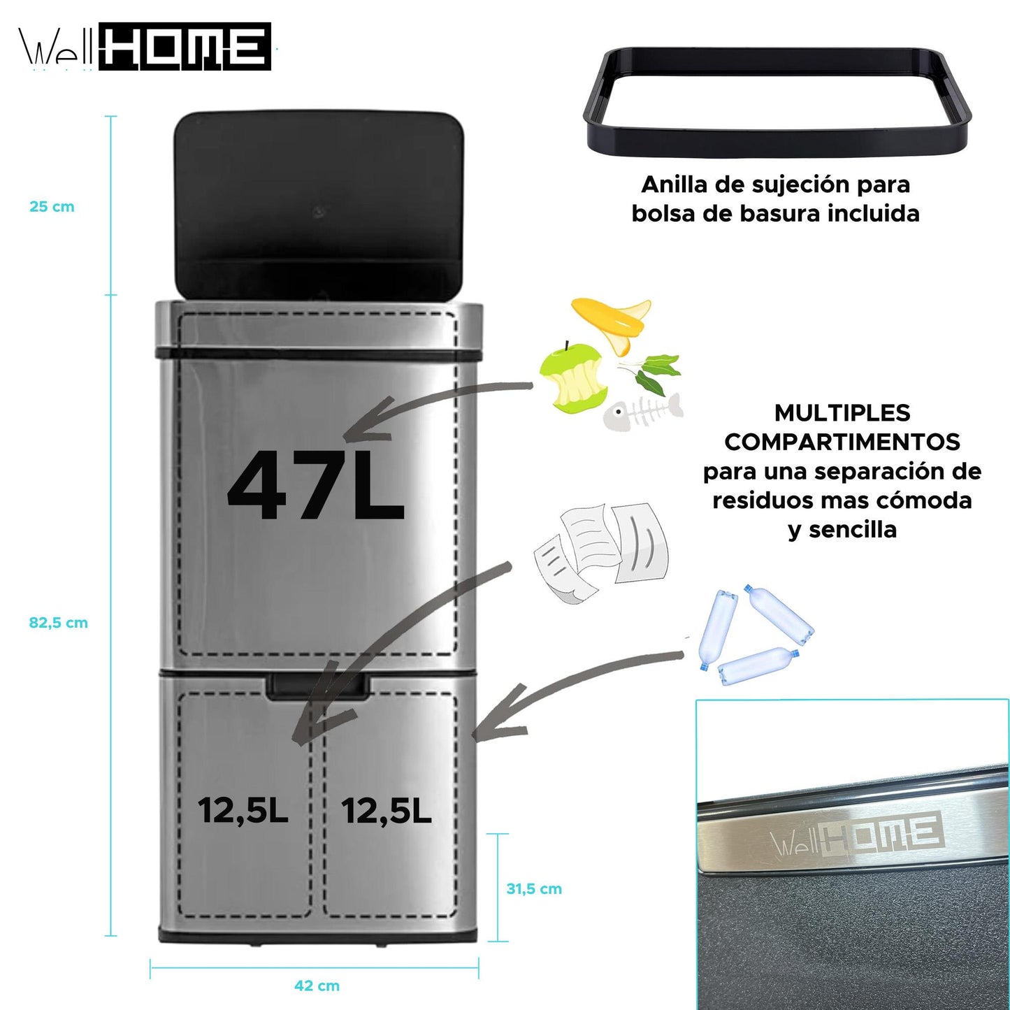 Papelera Reciclaje 72l Acero Inoxidable Cromado_1