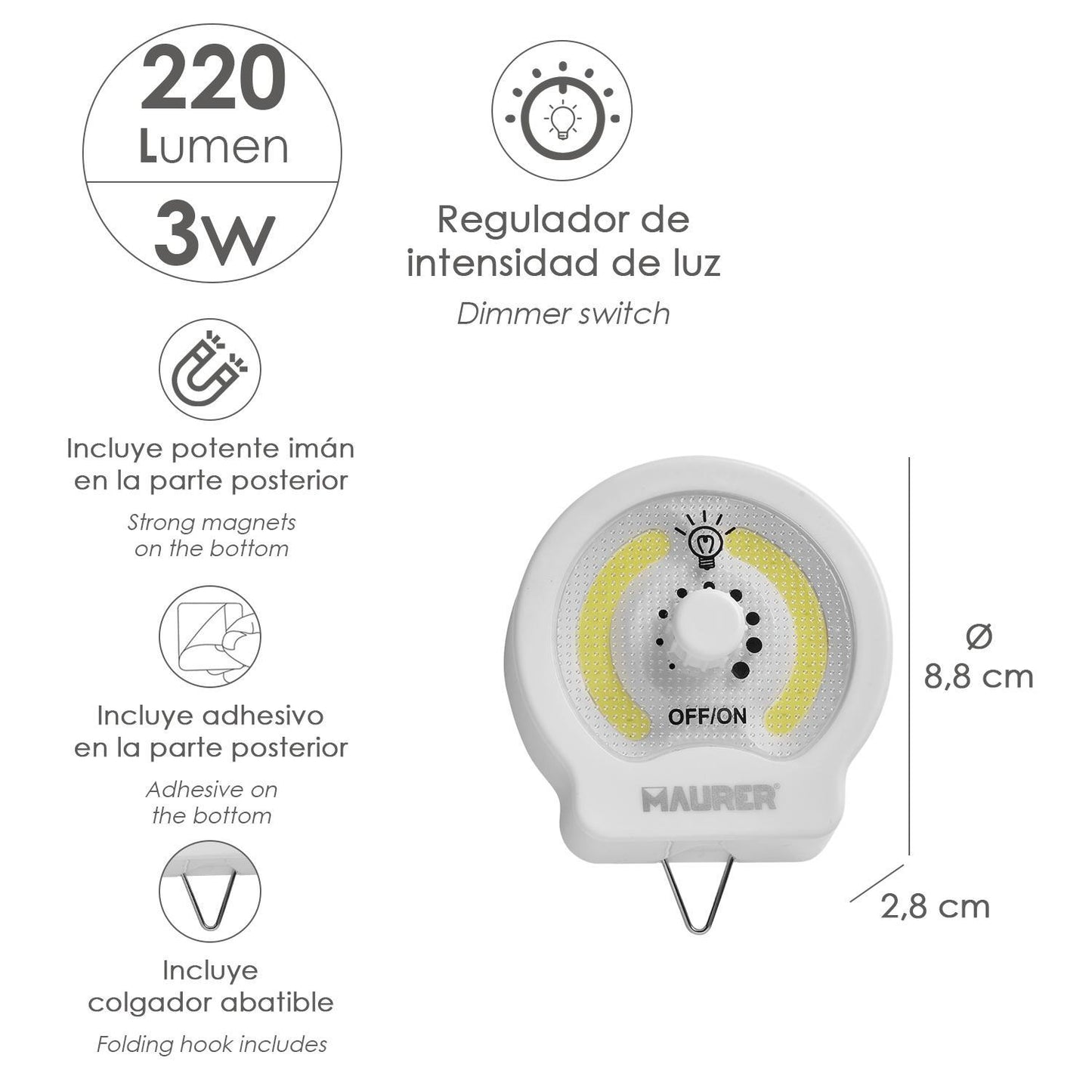 Linterna Led Armario Dinmerable A Pilas (3 Aaa) 220 Lumenes Con Iman, Gancho Y Adhesivo