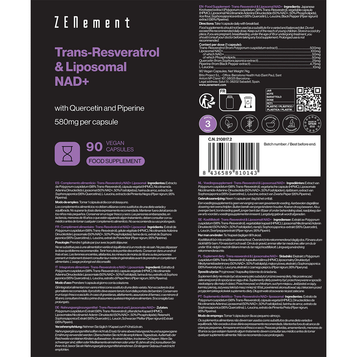 Trans-Resveratrol e NAD+ Lipossomal Zenement 90 Cápsulas